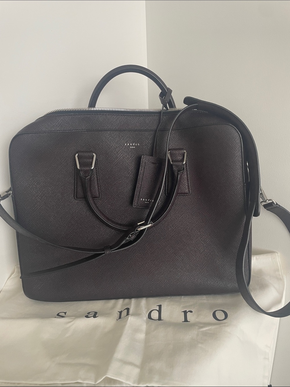 Sandro Dark Burgundy Textured Leather Briefcase - Men's Work Bag